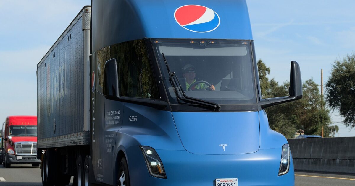 Tesla Semi truck in Pepsi blue livery on California highway