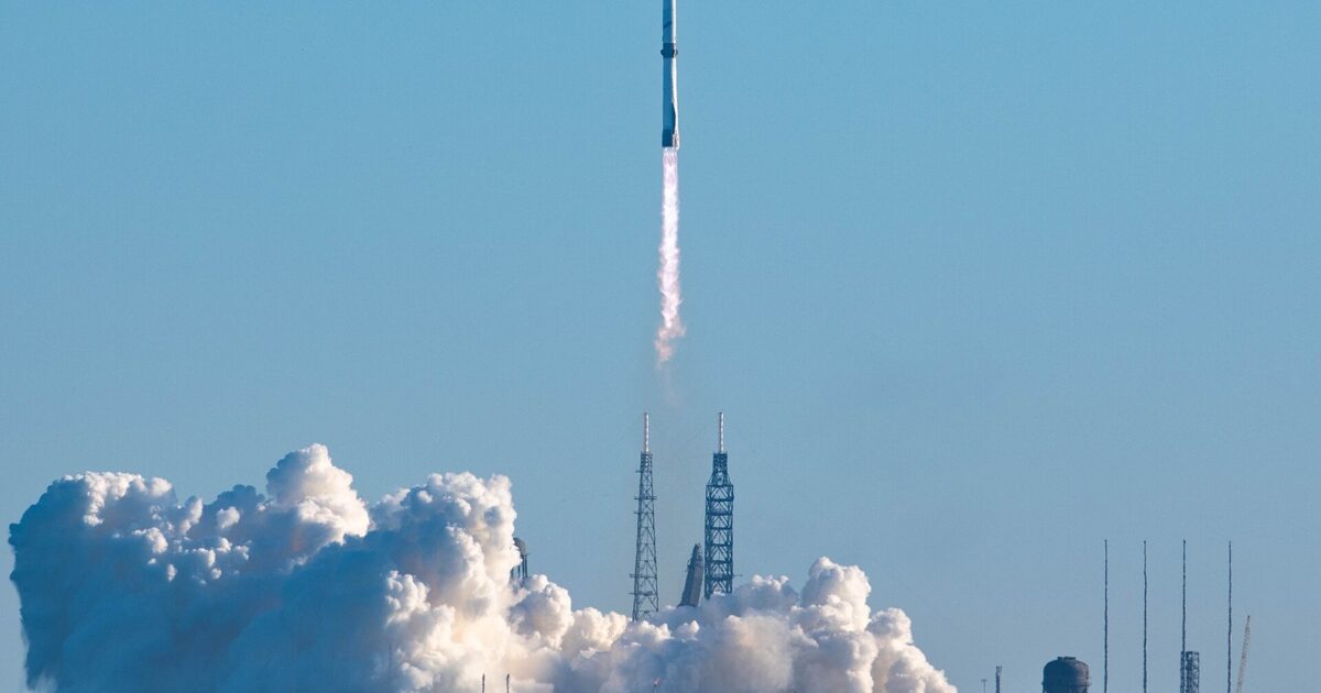 Blue Origin New Glenn rocket launching from Cape Canaveral Space Force Station with exhaust plume