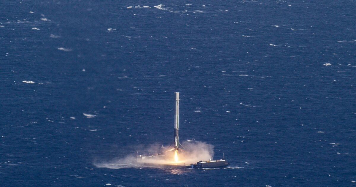SpaceX Falcon 9 first stage booster landing on Of Course I Still Love You droneship in the ocean