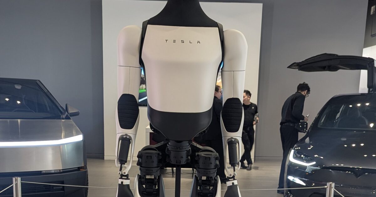 Tesla Optimus humanoid robot on display at a Tesla showroom ahead of Boston Marathon Monday 2026