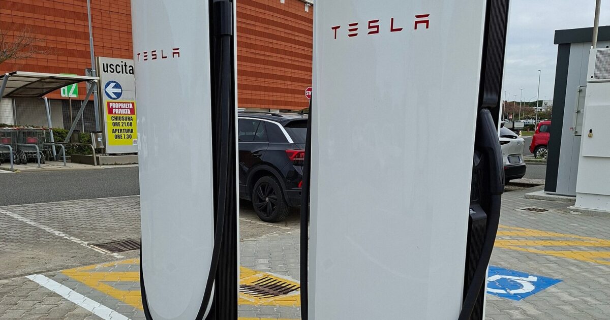 Tesla V4 Supercharger charging station with two stalls, representing the new robotaxi-only charging hubs Tesla is building in Arizona