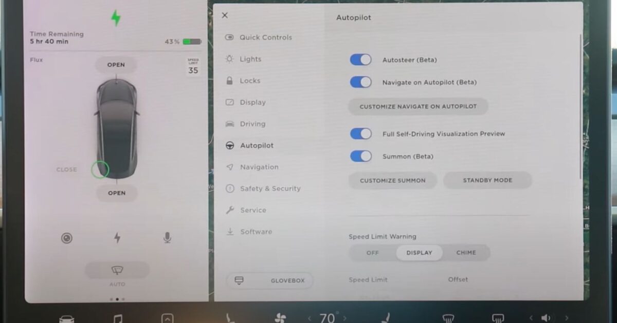 Tesla infotainment screen showing the Autopilot settings panel