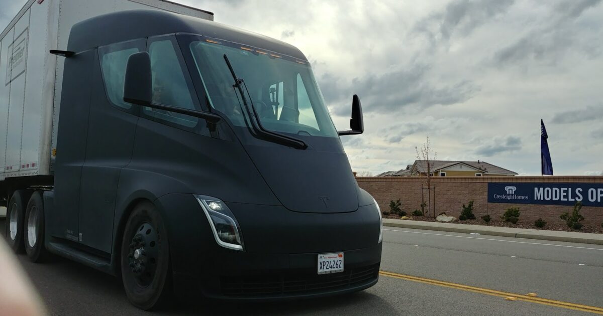 Black Tesla Semi driving in Rocklin, California
