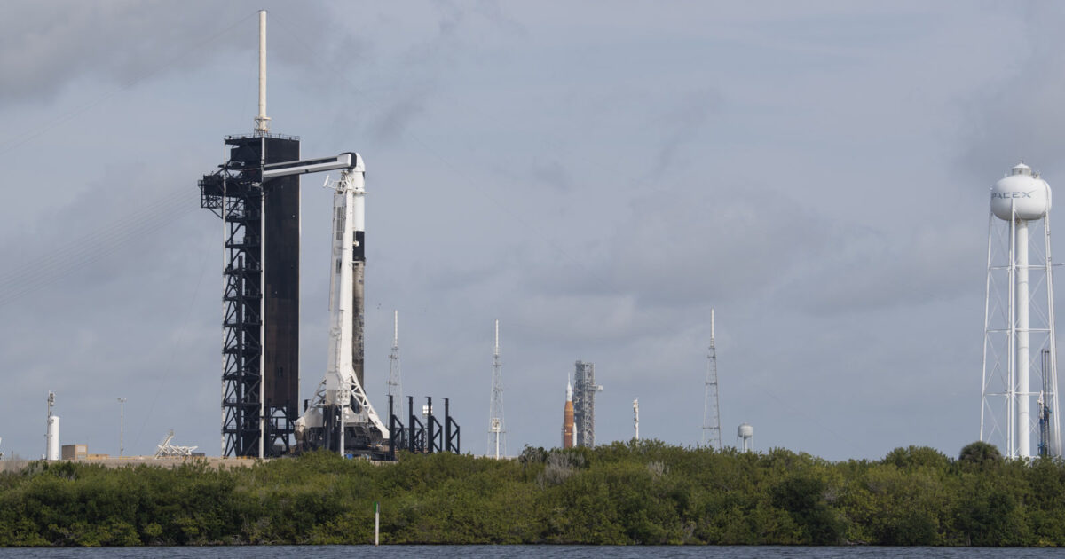 SpaceX Falcon 9 with Crew Dragon at Launch Complex 39A at Kennedy Space Center