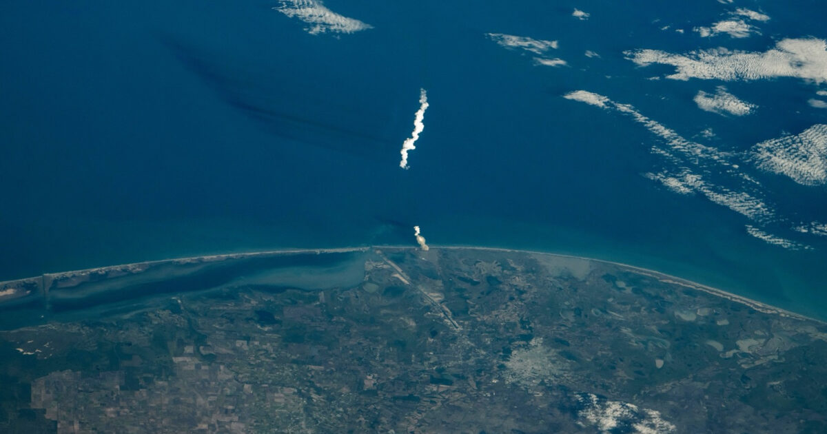 Starship launch plumes above Starbase and the Gulf of Mexico viewed from the International Space Station
