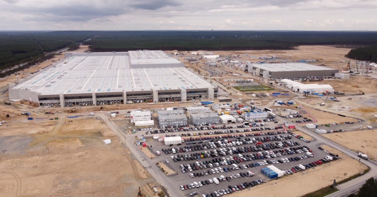 Aerial view of Tesla Gigafactory Berlin-Brandenburg in Grünheide, Germany