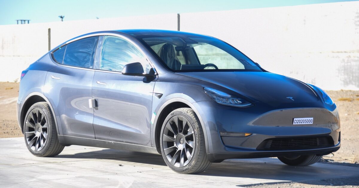 Front three-quarter view of a 2020 Tesla Model Y photographed by NHTSA