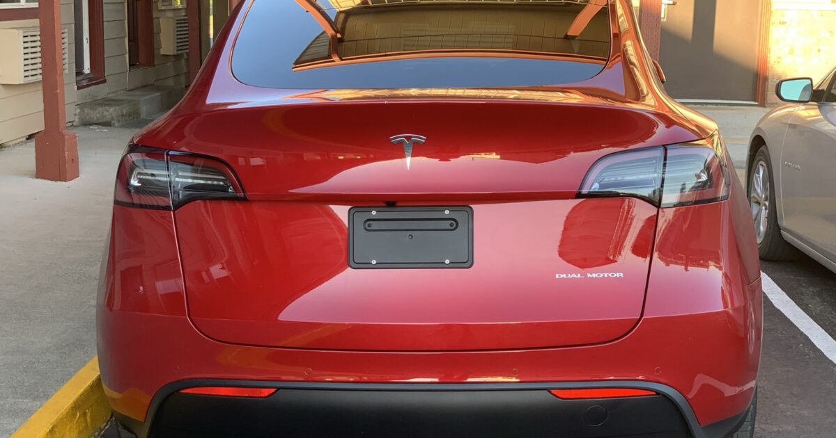 Rear view of a red Tesla Model Y tailgate