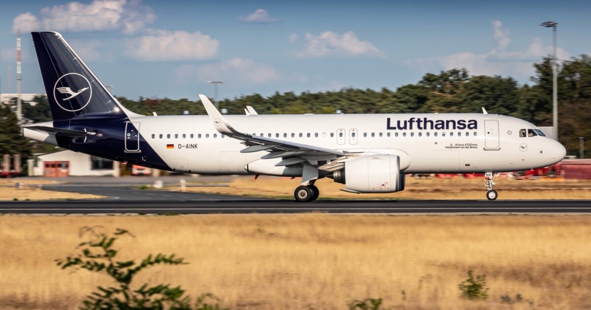 Lufthansa Airbus A320neo moving along the runway at Frankfurt Airport