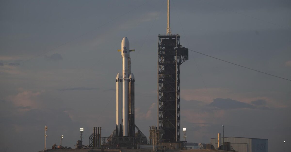 SpaceX Falcon Heavy carrying NASA's Roman Space Telescope on Launch Complex 39A at sunrise