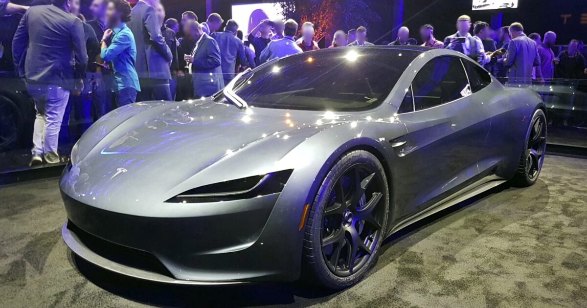 Silver second-generation Tesla Roadster prototype displayed at its 2017 unveiling