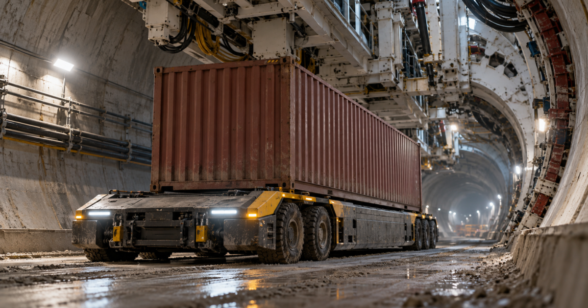 Conceptual electric tunnel carrier moving a freight container beneath boring machinery