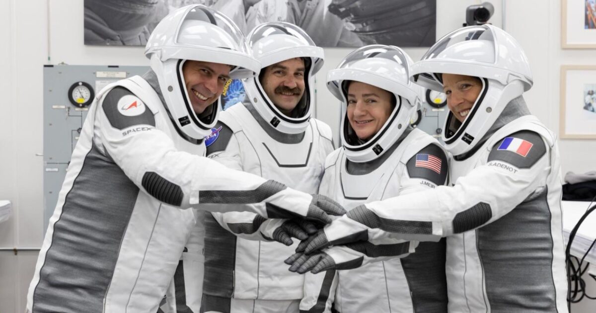 Official NASA photo of the four SpaceX Crew-12 astronauts in flight suits before their mission