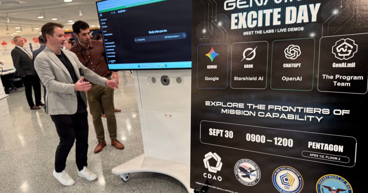 U.S. government personnel view an AI demonstration at the Pentagon during a September 2026 defense technology event
