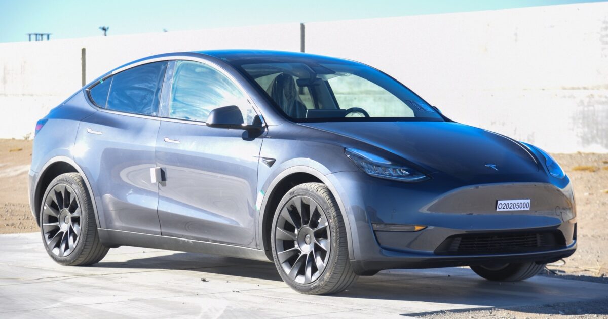 Tesla Model Y vehicle photographed during NHTSA safety testing