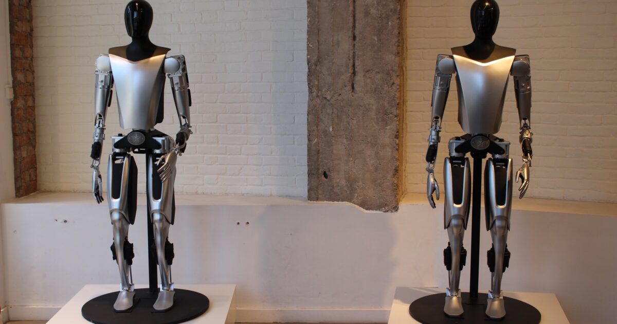 Two Tesla Optimus humanoid robots displayed in Stockholm