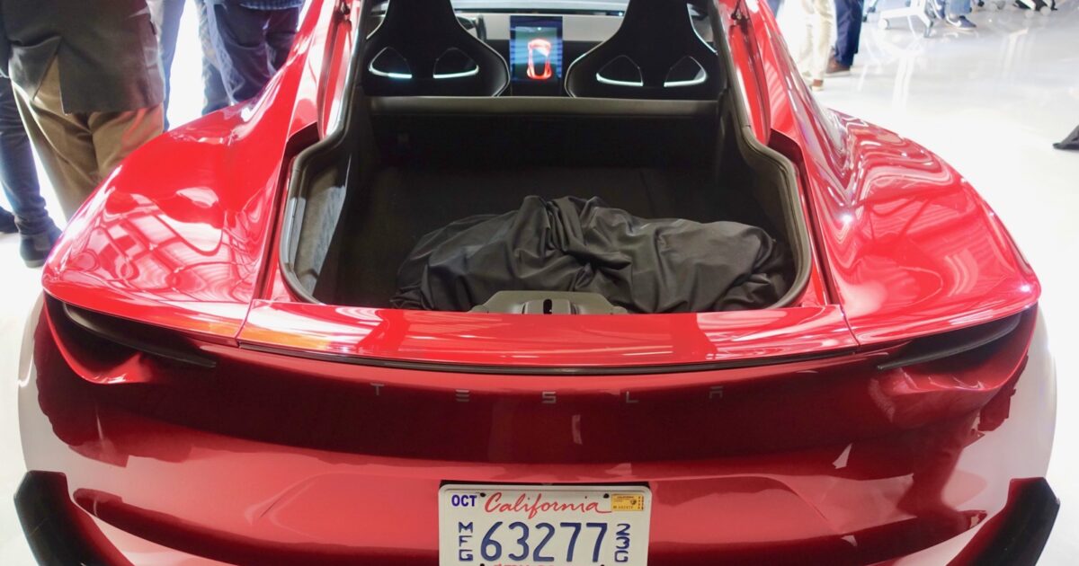 Rear view of a red second-generation Tesla Roadster prototype
